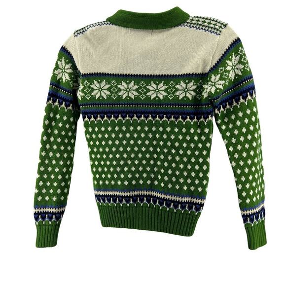 Lands End Sweater Fair Isle Green Cream Blue Full Zip Girls Size Small - Picture 5 of 5